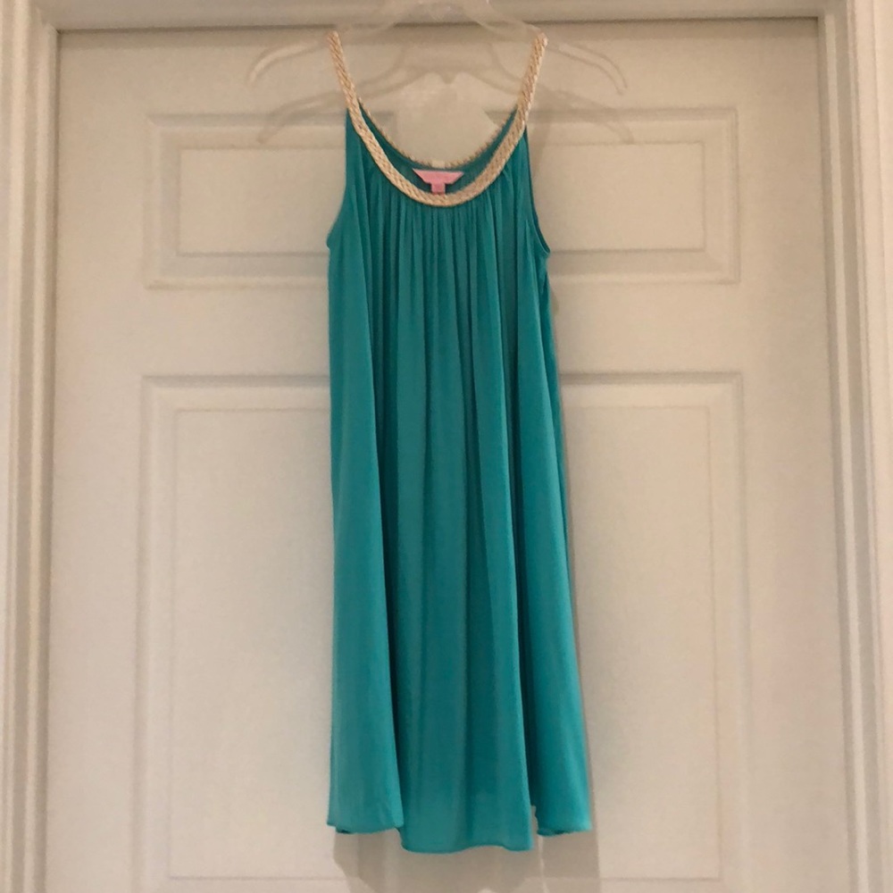 lilly pulitzer green slip dress with gold trim